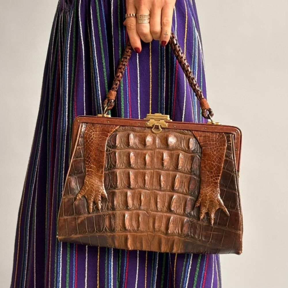 Antique Hornback Alligator Skin Handbag with Taxidermy Paws - Brown